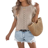Spring And Summer Leisure Hollow Flowers Hit The Wood Ear Knitting Jersey Holiday Tops Women's