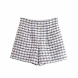 Women Summer Tweed Plaid Blazers Short Coat Vintage Short Sleeve Female Outerwear And High Waist Casual
