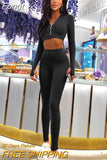 2023 Summer Women Casual 2 Pieces Long Sleeve Zipper V Neck Crop Top High Waist Leggings Set Tracksuit Streetwear