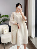 Patchwork 3D Flower Three Quarter Sleeve Single Breasted Pleated Solid Dress For Women 2024 Autumn Fashion New TH1217-Outfit