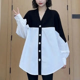 Women's Clothing Korean Striped Blouse Casual V-Neck Loose Spring Autumn Commute Single-breasted Basic Fashion Patchwork Shirt-Outfit