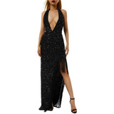 Party Wedding Asymmetric Long Dress Solid Halter Backless Elegant Summer Female Sequins Tassels Deep V Gorgerous