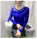 Autumn Ringstones Ruffles Long Sleeve Mesh T-shirt Tee New Female Round Collar Sheath Tops T-shirts for women-Outfit
