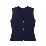 Fongt Summer New Temperament Fashion V-Neck Sleeveless Single-Claw Buckle Solid-Colored Vest Vest Women 4192015