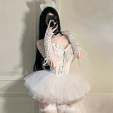 Bunny Angel Halloween Costumes Women V-Neck Camisole Crop Tops Mesh A-Skirt Suit Fairy Cosplay Christmas Party Dress Set-Outfit