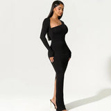 Fongt Women's Long Sleeve Oblique Collar Temperament Repair Behind The Fork Long Dress
