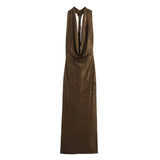 Fongt Summer New Women's Sexy Back Repair Metal Foil Hanging Neck Dress