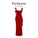 Fongt Holiday Style Temperament Sexy Irregular Dress Red Ribbon Bag Hip Dress