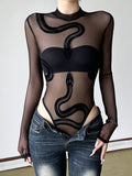 Fongt Personality Snake Print Sexy Body-Repair Perspective Basic Round-Neck Long-Sleeved Joint Jacket 2025