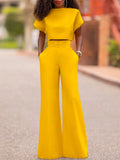 Women Pants Sets 2022 Female Casual Solid Color Round Neck Short Sleeve Tops High Waist Zipper Pants Office Long