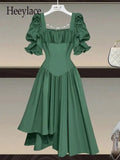 Women Summer French Vintage High Waist Irregular Dresses 2022 Office Ladies Elegant Square Collar Puff Sleeve Vestido De