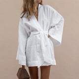Lace Up Women V-Neck Kimono Cardigan Mini Dress Cotton Linen Long Sleeve Sashes Dresse Robe Style Summer Loose