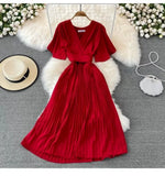 Fongt New V-Neck Short-Sleeved Dress Over Knee-Repaired Lady's Waist Tie Mid-Slap Dress
