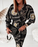 Independent Station Autumn Printed V-Collar Stylish Long-Sleeved Dress-Outfit