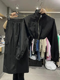 Summer Y2K Two Piece Set Drawstring Loose Jackets Short Female Windproof Coat High Waist Cargo Skirt Big Pocket