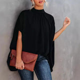 New Women's Fashion Round Collar Loose Bat Sleeve Round Collar Shirt-Outfit