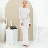 Autumn Solid Round Collar Long Sleeves Half-Length Skirt Slim Suit 2023 Casual Women Two-Piece Set-Outfit