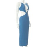 Ribbed O Neck Sexy Cut Out Sleeveless Midi Dress Knit Backless Elegant Bodycon Dresses 2021 Fall Party Club White Trim UK