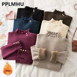 Turtleneck Plus Velvet Slim Sweater Women Winter Warm 2023 Thicken Knitted Pullover Casual Fleeve Lined Bottomed