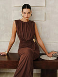 Fongt New Women's Folded Wrinkles Sleeveless Long Dress Stylish Metal Decorative Solid Color Dress