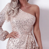 Fongt New Beads Short-Sleeved One-Shoulder Squin Dress With Sexy Evening Dress
