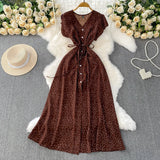 Fongt Red Dot V-Neck Women's Short-Sleeved Dress Summer Single Buckle Tie With Thin A-Word Mid-Long Dress