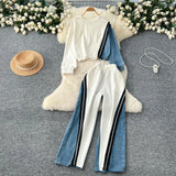Fongt Denim Set Female Retro Casual Color Long-Sleeved Sweater Denim Spliced Broad Leg Pants Two Sets