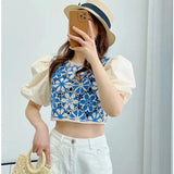 Women Fashion Contrast Crochet Poplin Crop Blouses Vintage Puff Sleeves Back Buttons Female Shirts Blusas Chic