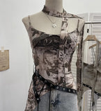 Fongt Girls Newspaper Tie-Dye Printing Net Waste Vest Irregular Rope Ribbon 1197