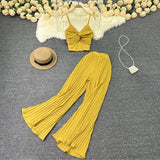 Fongt Suit Female Feel V-Neck Kink Sling Vest Two-Piece High Waist Slim Pleated Wide Leg Trousers-Outfit