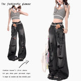 Fongt Multi-Pocket-Hole-Wear Jeans Women's Summer 2025 New High-Waist Design Wide-Legged Pants