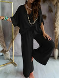 Fongt Standing V-Neck Bat Sleeve Top Sleeves Casual Trousers Set Stylish