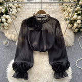 Fongt Shirt Female Design Sense Small Three-Dimensional Flower Bubble Sleeves To Reduce The Age Of Pure Color Chiffon Shirt Women's Long-Sleeved Top