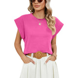 2024 New Round Collar Solid Color Shoulder-Inserted Sleeve Casual T-Shirt-Outfit