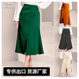 Women's High-Waisted Satin Pleated Split Skirt Solid Color Half Skirt Zipper Fishtail Hip Skirt-Outfit