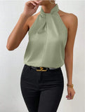 Fongt Women's Clothing 2025 Summer New Color Clove Hanging Neck Sleeveless Vest Ribbon Simulation Silk Top