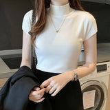 Turtleneck Summer Short Sleeve Korean Style Sweater Knitted Pullover Women Sweaters Basic Thin Tops Pull Femme Jumper