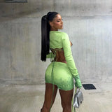 Piece Set Women Skirt Undefined Lengthen Ribbons Hipster Y2K Sexy Cleavage Top+Tie Dye Cut Out Slim Female