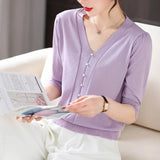 Fongt New Small Fragrant Wind V-Neck Pearl Button Ice Silk Sweater Age Reduction Show Thin Gentle Temperament Jacket-Outfit