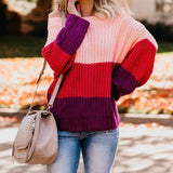 Fongt And Winter Women's One Word Collar Loose Splicing Color Knit Jumper Sweater