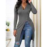 Women Solid Color T-Shirts Irregular Design Zipper Decor High Split V-Neck Long Sleeve Spring Autumn Slim Long