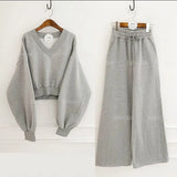Womens Sportswear Suits Cotton Autumn Korean Loose Lantern Sleeve Pullover Casual Straight Leg Pants Two Piece Sets Sports