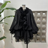 Chicly Slightly Through The Flowers With Irregular Lotus Leaf Skirt Lantern Long-Sleeved Dress Fluttering Holiday