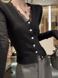 Fongt Women V-Neck Lace Spliced Knitted Shirt Women Autumn Winter Slim Small Gentle Comfortable Thin Inside Cloth