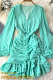 Women Chiffon Derss Spring Autumn Sexy V Neck Ruffles Bodycon Dresses Ladies Slim Pleated Beach Party Dress