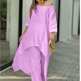 Fongt New Women's Cotton And Cotton Fashion Casual Large Code Irregular Long-Sleeved Set Of Wide Leg Pants Two Sets