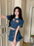 Denim Two Piece Suits Women Sexy Love Pocketshirt Crop Tops Mini Ruffles Skirts Outfits Female Elegant Cowboy 2 Piece Set-Outfit