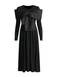 Fongt Temperament Dress Women 2025 Spring New Round Neck Mesh Stitching Design Black Long Sleeve Dress