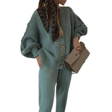 Knitted Tracksuit Women V Neck Cardigan Sweater And Elastic Pants Women's 2 Piece Set Knitting Suit 2021 Autumn
