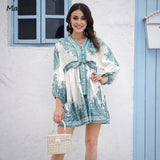 Simple Casual Floral V-Neck Puff Sleeve With Belt Holiday Style High Waist Knee-Length Summer Dresses NEW